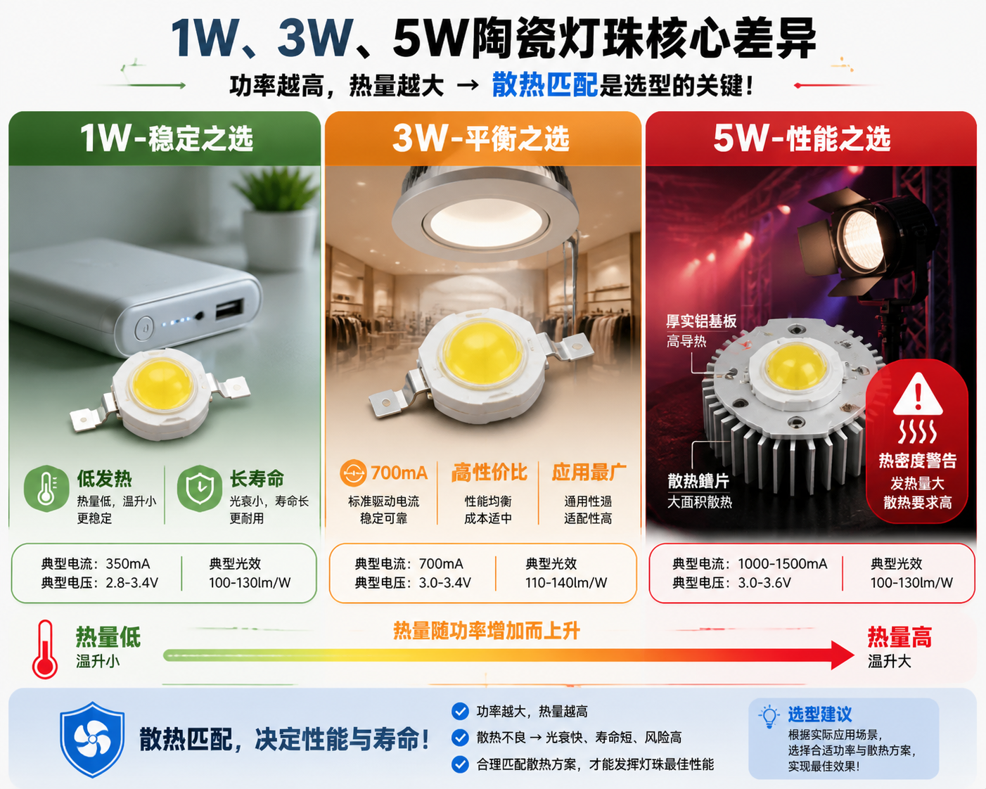 1W、3W、5W陶瓷灯珠核心差异信息图，对比不同功率灯珠在发热、应用场景和散热需求上的区别，强调散热匹配的重要性