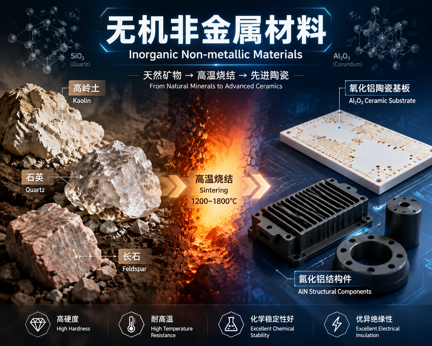 陶瓷材料分类视觉概念图：左侧为高岭土、石英等天然矿物原料，中间为高温烧结过程，右侧为氧化铝和氮化铝先进陶瓷部件，整体展示陶瓷从原料到无机非金属工程材料的转变。