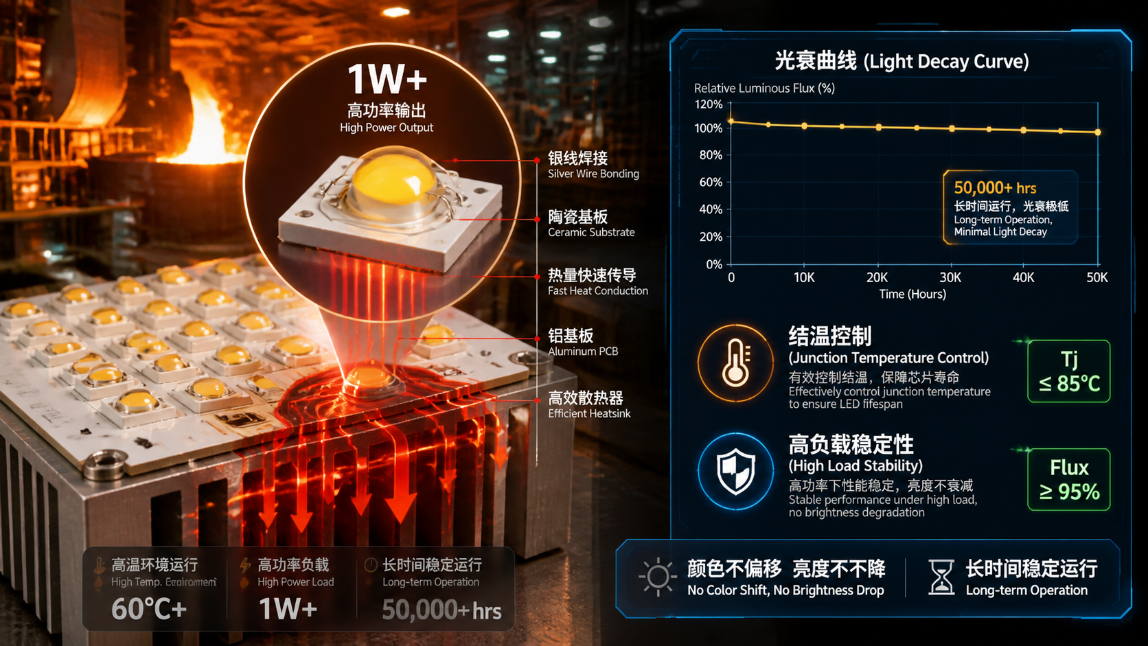 银线焊接陶瓷灯珠在高功率工业环境下高效散热与光衰稳定的示意图，展示了其优异的结温控制和高负载稳定性