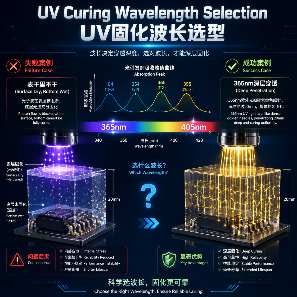 一张工业信息图,对比UV固化中“表干里不干”的失败案例与365nm深层穿透的成功案例,展示UV固化波长选型及光引发剂吸收峰的重要性。
