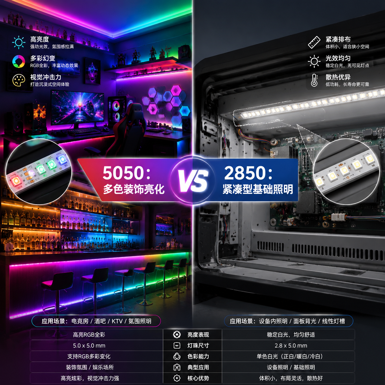 分屏展示5050灯珠应用于RGB装饰亮化(如电竞房)和2850灯珠应用于紧凑型基础照明(如设备面板)的场景对比图。