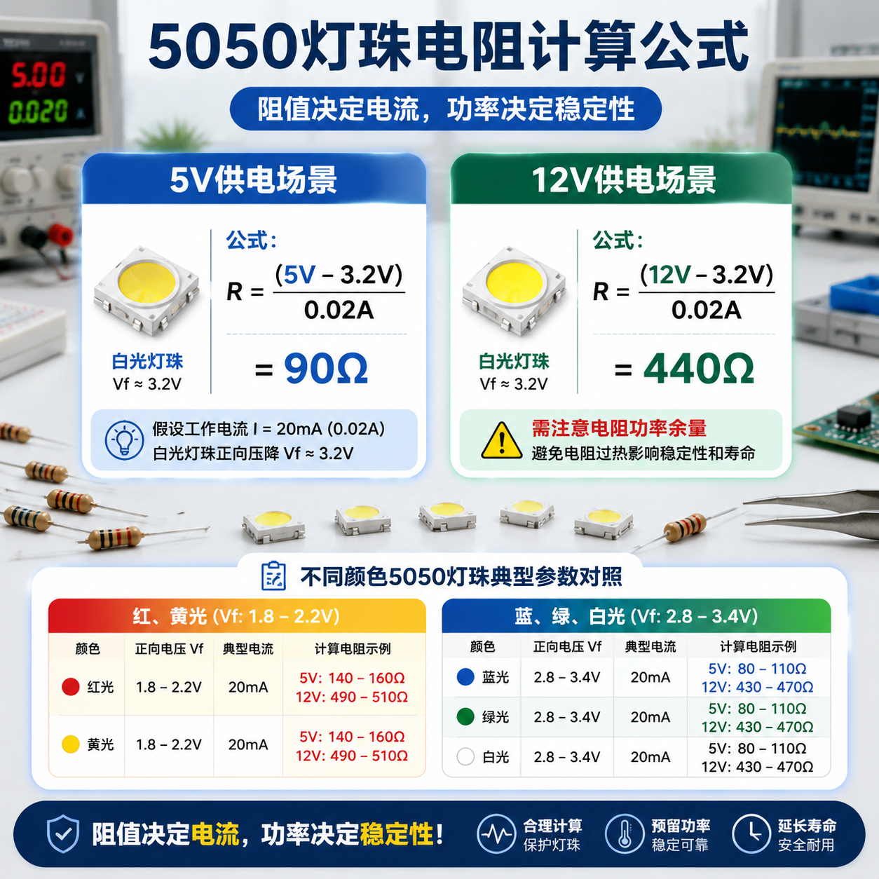 一张关于5050灯珠在5V和12V供电下限流电阻计算的示意图,展示了白光灯珠的电阻计算公式,并强调了电阻功率余量及不同颜色LED的典型正向电压范围。