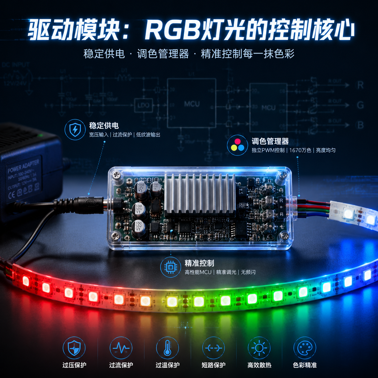 三色灯条驱动模块特写,展示其作为RGB灯光控制核心,稳定供电并精准调色的功能