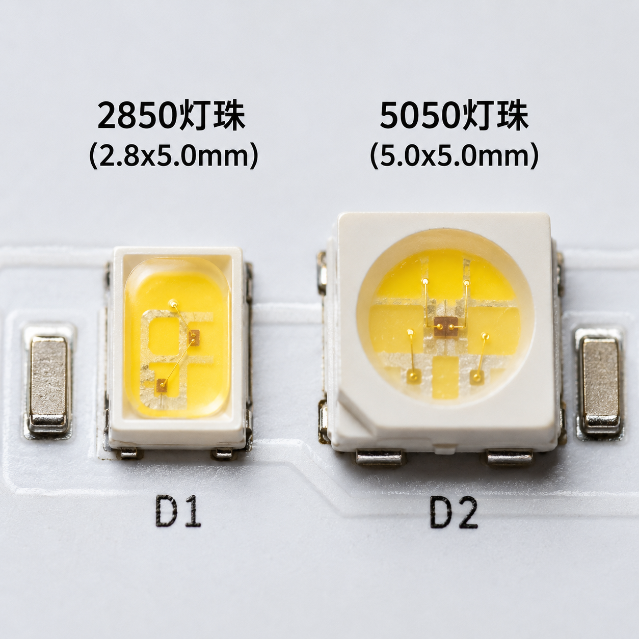 一张显示2850(2.8x5.0mm)和5050(5.0x5.0mm)LED灯珠尺寸对比的微距图片,直观展示两者的长方形和正方形外观区别。