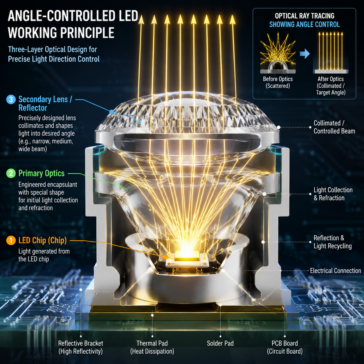 角度可控LED灯珠的工作原理3D剖面图,展示封装、一次光学与二次光学设计