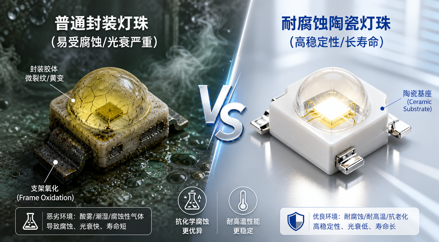 对比图：普通LED灯珠在腐蚀环境中失效（黄变、氧化）与耐腐蚀陶瓷灯珠的稳定表现