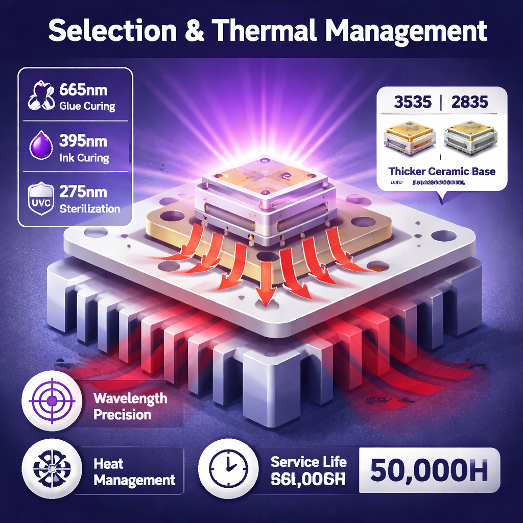 综合信息图，展示3535紫光LED的散热管理、不同波长（如365nm、395nm、275nm）的应用选择，以及3535封装与2835封装的对比，强调选型中波长精准度和高导热基板的重要性。