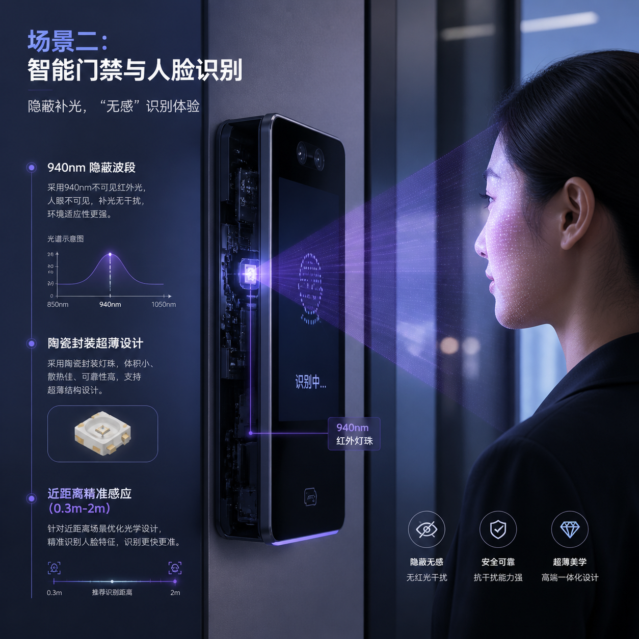 智能门禁人脸识别设备应用图,突出940nm红外陶瓷灯珠在隐蔽性和近距离识别中的优势