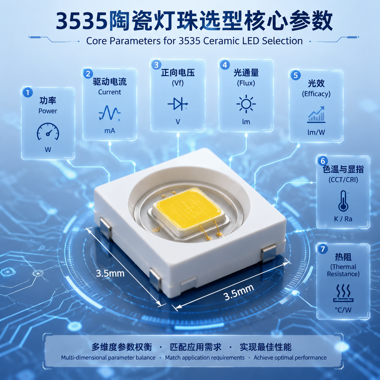 3535陶瓷灯珠核心参数图，展示功率、电流、电压、光通量、光效、色温显指及热阻等七项关键选型指标。