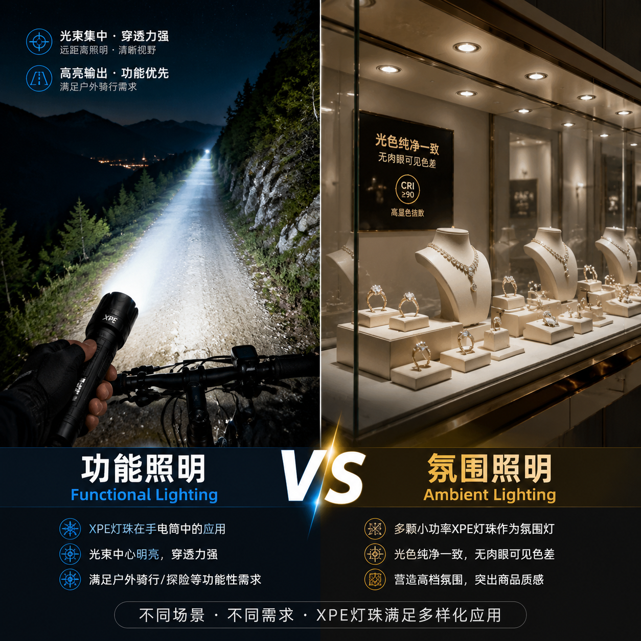 XPE灯珠在不同场景的应用对比，左侧为户外夜间骑行手电筒的功能性照明，右侧为高档首饰柜台的氛围照明，体现对亮度、光色和一致性的不同要求。