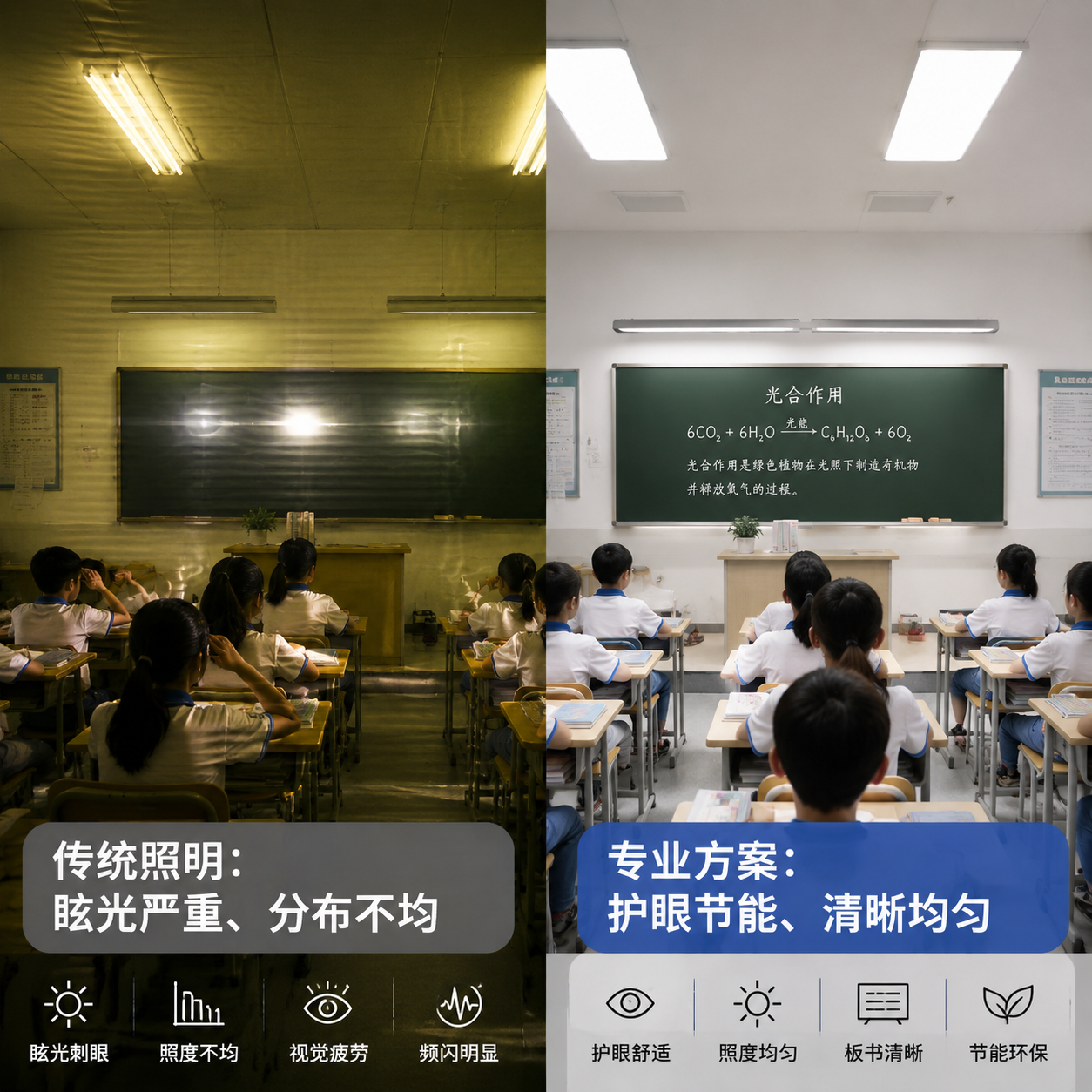 传统与专业LED学校教室照明对比图，突出传统照明眩光、不均与专业方案护眼、清晰、均匀的差异。