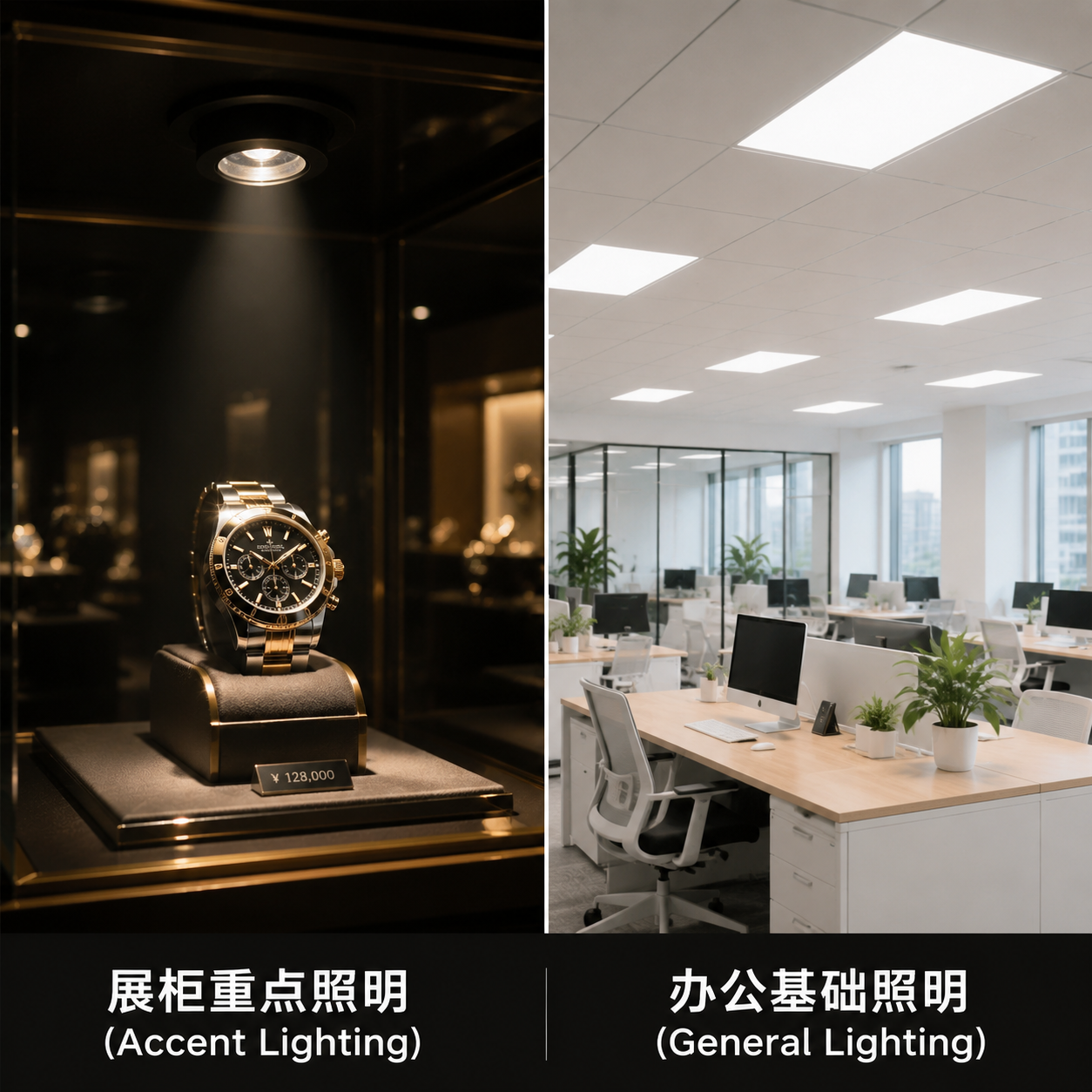 有透镜LED灯珠在展柜重点照明中的应用(珠宝),与无透镜LED灯珠在办公室基础照明(面板灯)中的应用对比