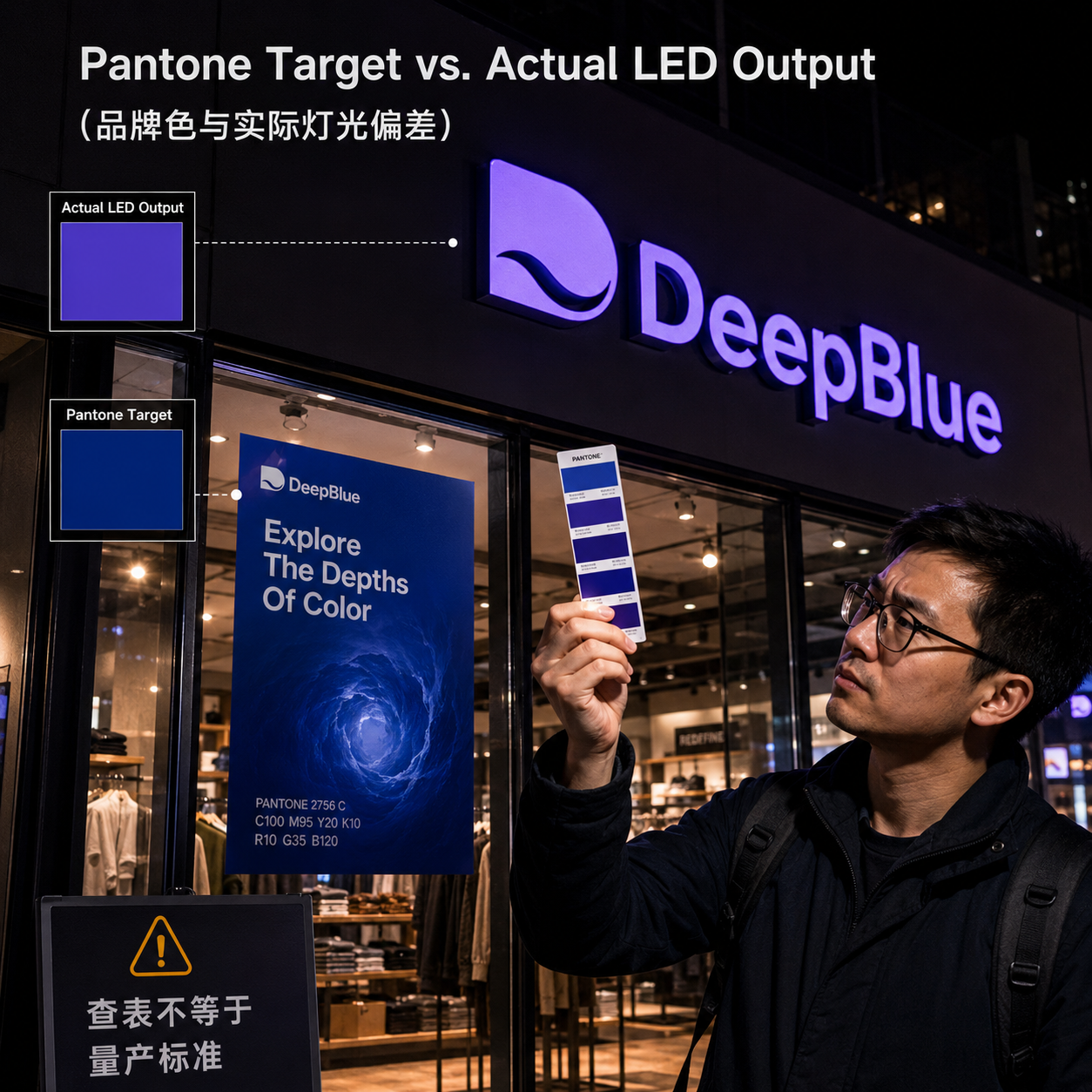 门店品牌发光字与印刷海报的颜色偏差，设计师手持潘通色卡对比，强调实际LED输出与目标品牌色的差异
