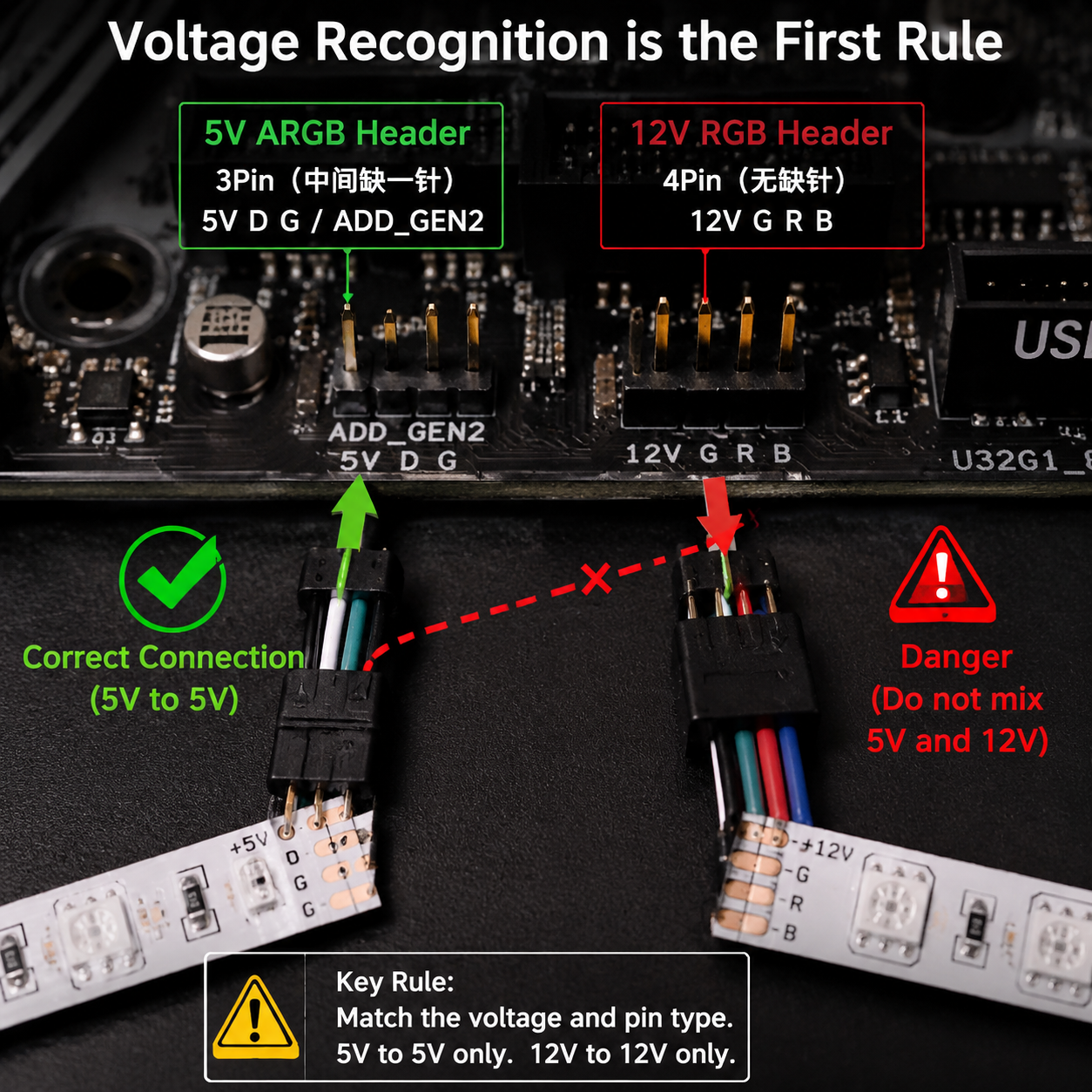 主板上5V ARGB（3Pin）与12V RGB（4Pin）接口对比，警示将5V灯带误接到12V接口的风险