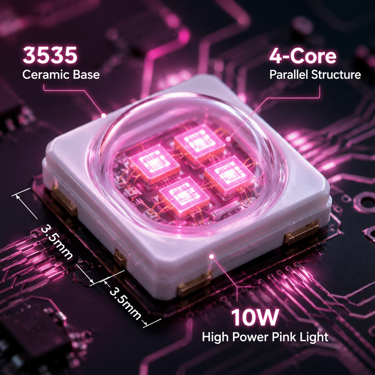 3535陶瓷4芯并联10W调粉红光LED灯珠的微距特写,展示其3.5x3.5mm尺寸、陶瓷底座、4颗并联芯片结构及柔和的粉红色光,并标注有关键技术参数。
