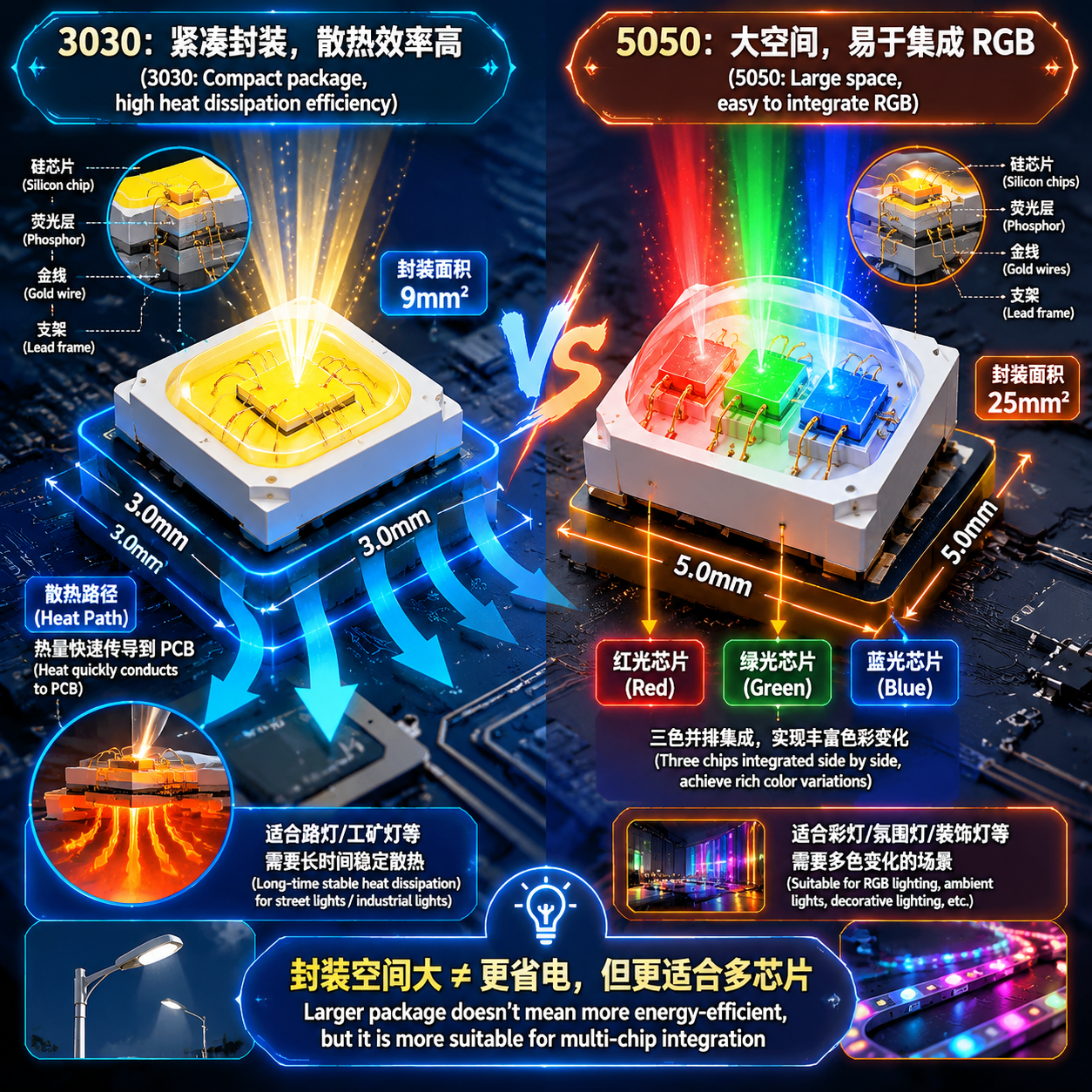 3030和5050灯珠内部封装结构对比图，展示3030紧凑高效的散热和单芯片布局，以及5050宽敞空间下的RGB多芯片集成。