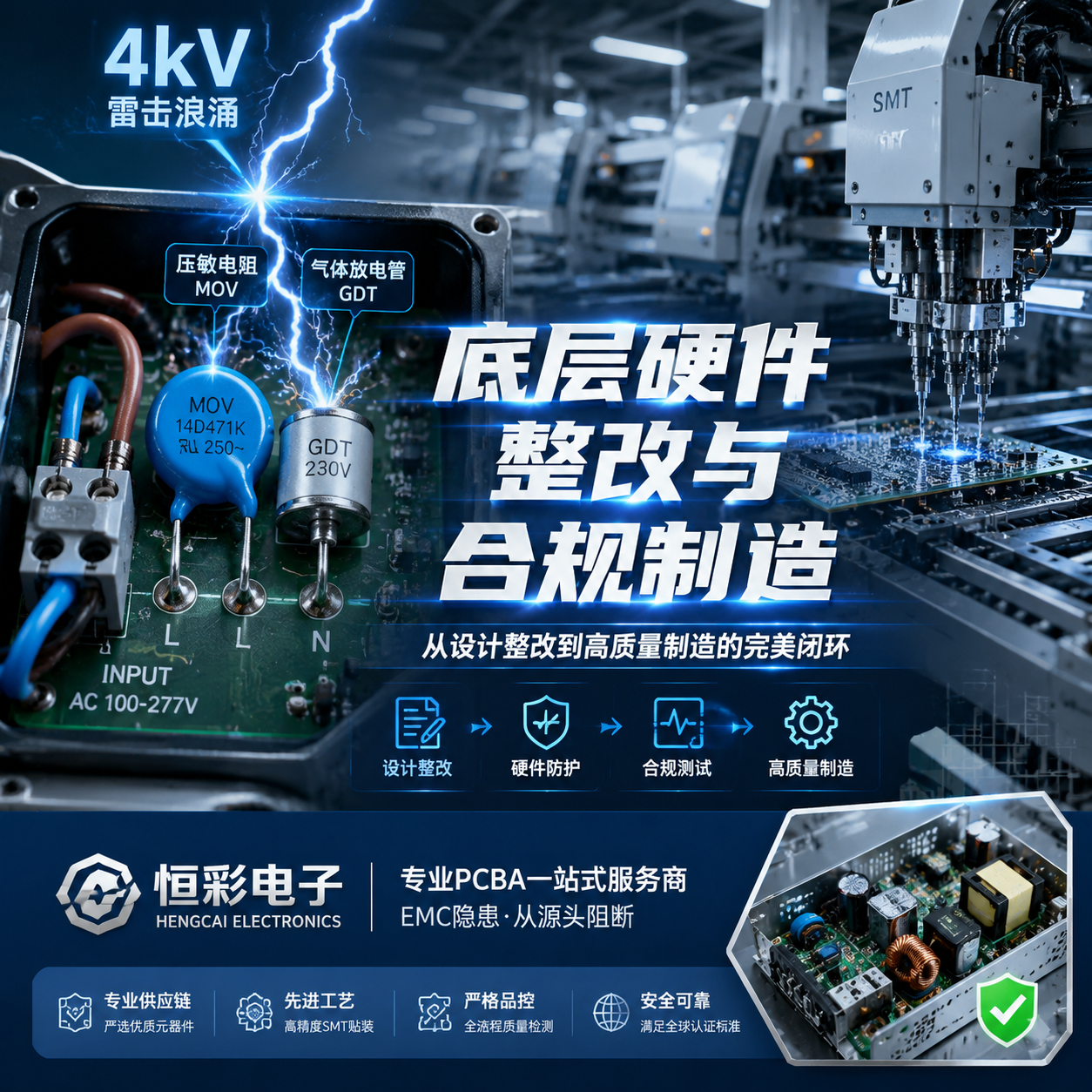 LED驱动电源硬核防护与PCBA制造工艺图。近景展示压敏电阻(MOV)和气体放电管(GDT)成功泄放4kV雷击浪涌,背景为现代化SMT贴片车间,强调底层硬件整改与专业供应链在EMC合规中的关键作用。