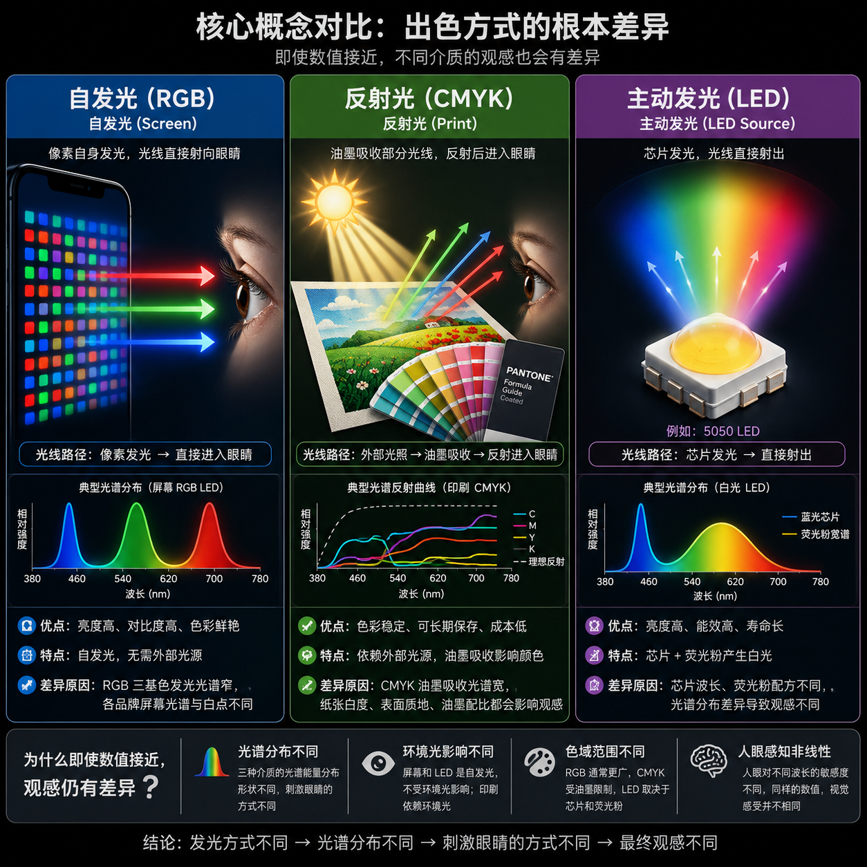 自发光、反射光与主动发光三种出色方式对比图：屏幕RGB、印刷CMYK和LED发光的原理差异