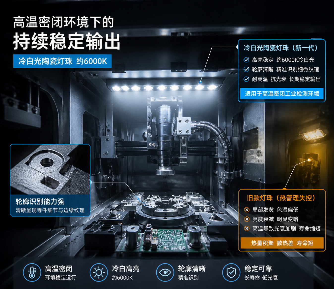 冷白光陶瓷灯珠在工业设备内部照明的实际应用场景，突显其在高温密闭环境下提供稳定清晰照明，提升轮廓识别的能力。