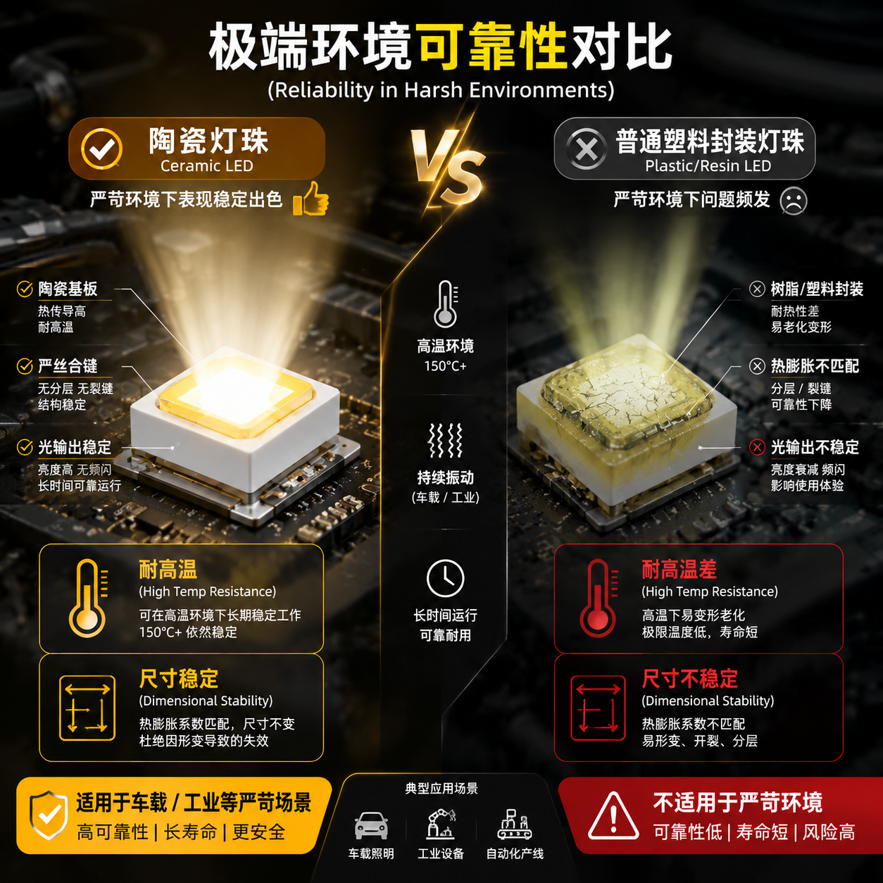 LED陶瓷灯珠与普通塑料封装灯珠在高温和振动等极端环境下的可靠性对比，突出陶瓷灯珠的耐高温和尺寸稳定性优势。