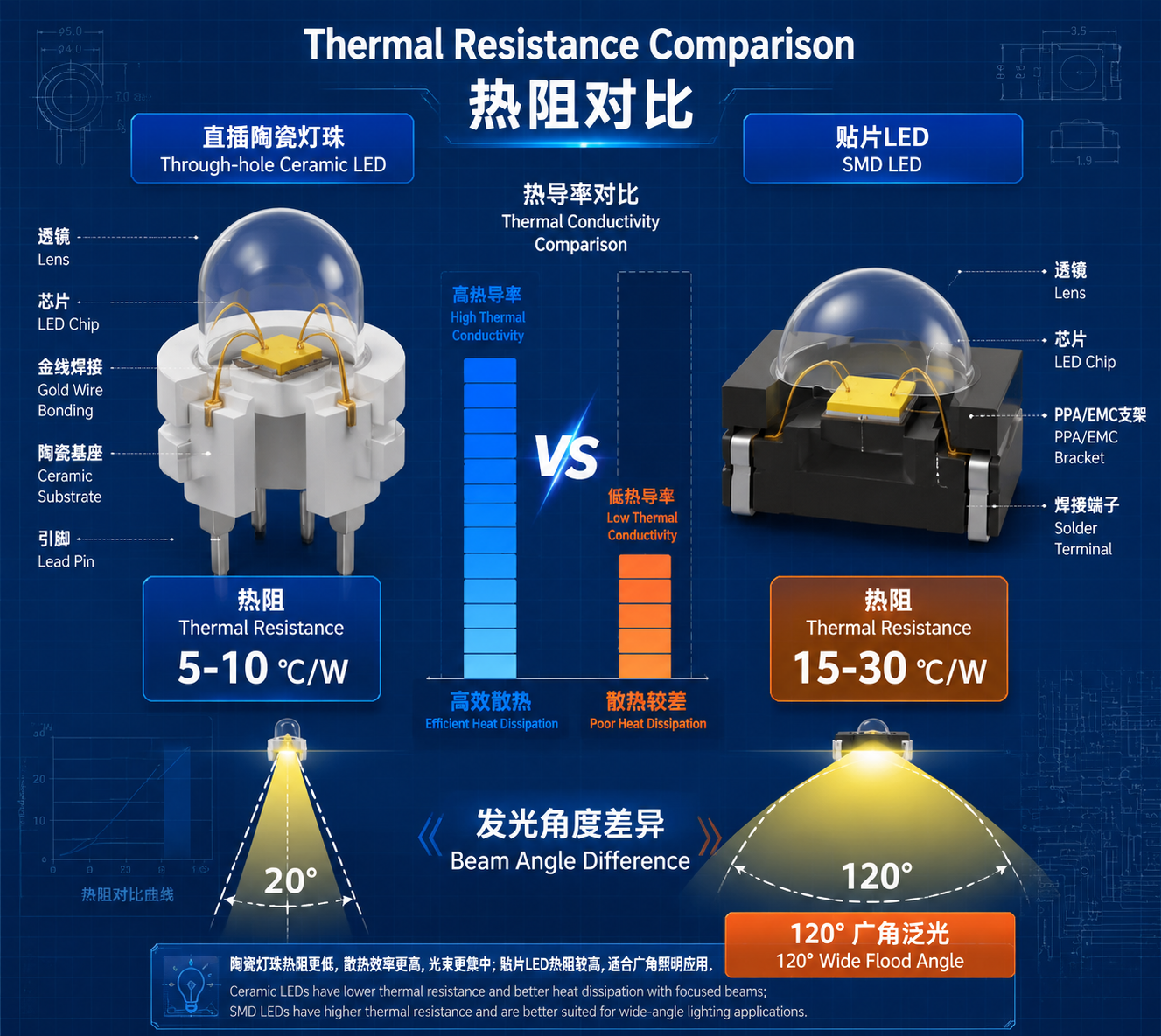 直插陶瓷灯珠与贴片LED的核心参数对比剖面图，展示两者在热阻（5-10 ℃/W vs 15-30 ℃/W）与发光角度上的结构差异。