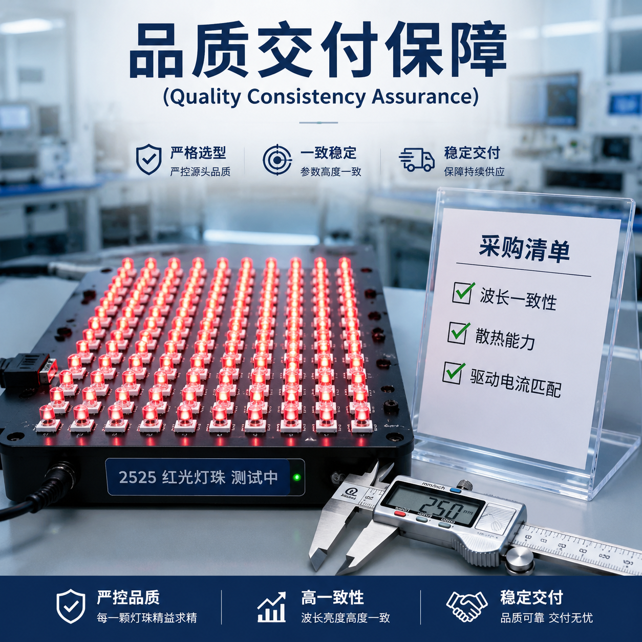 陶瓷2525红光灯珠的质量检测与采购指导图,展示灯珠一致性测试,并强调选型时的波长、散热、驱动等关键考量点。