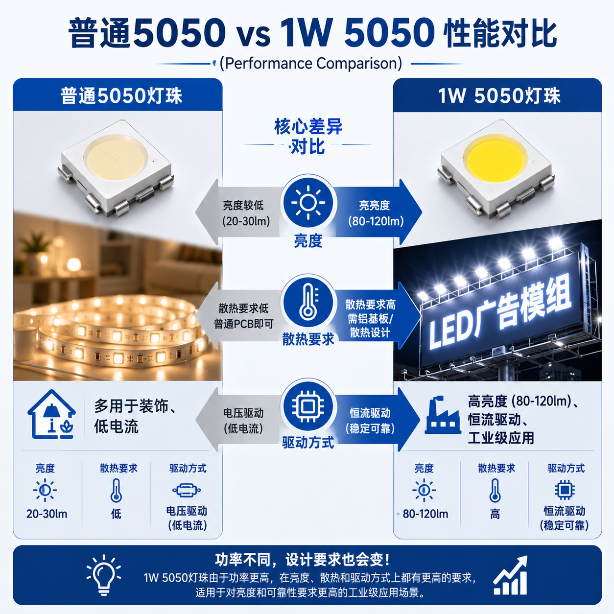普通5050灯珠与1W5050灯珠性能对比图，清晰展示两者在亮度、散热要求和驱动方式上的核心差异和应用场景。
