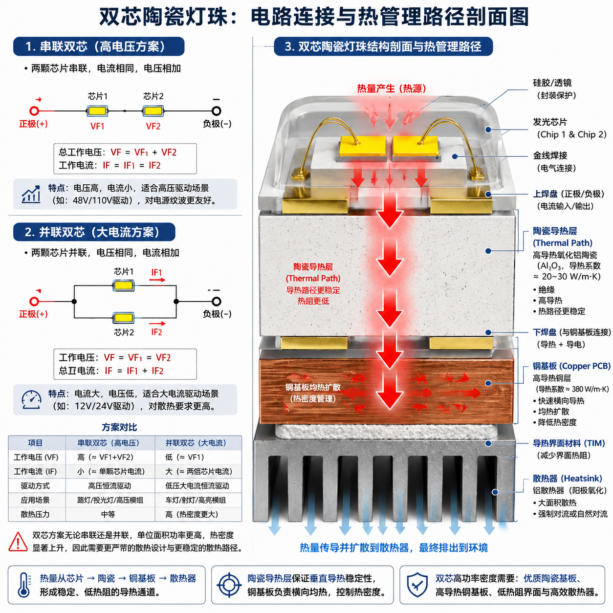 双芯陶瓷灯珠的串联与并联电路连接示意图,并展示从芯片到散热器的热管理路径