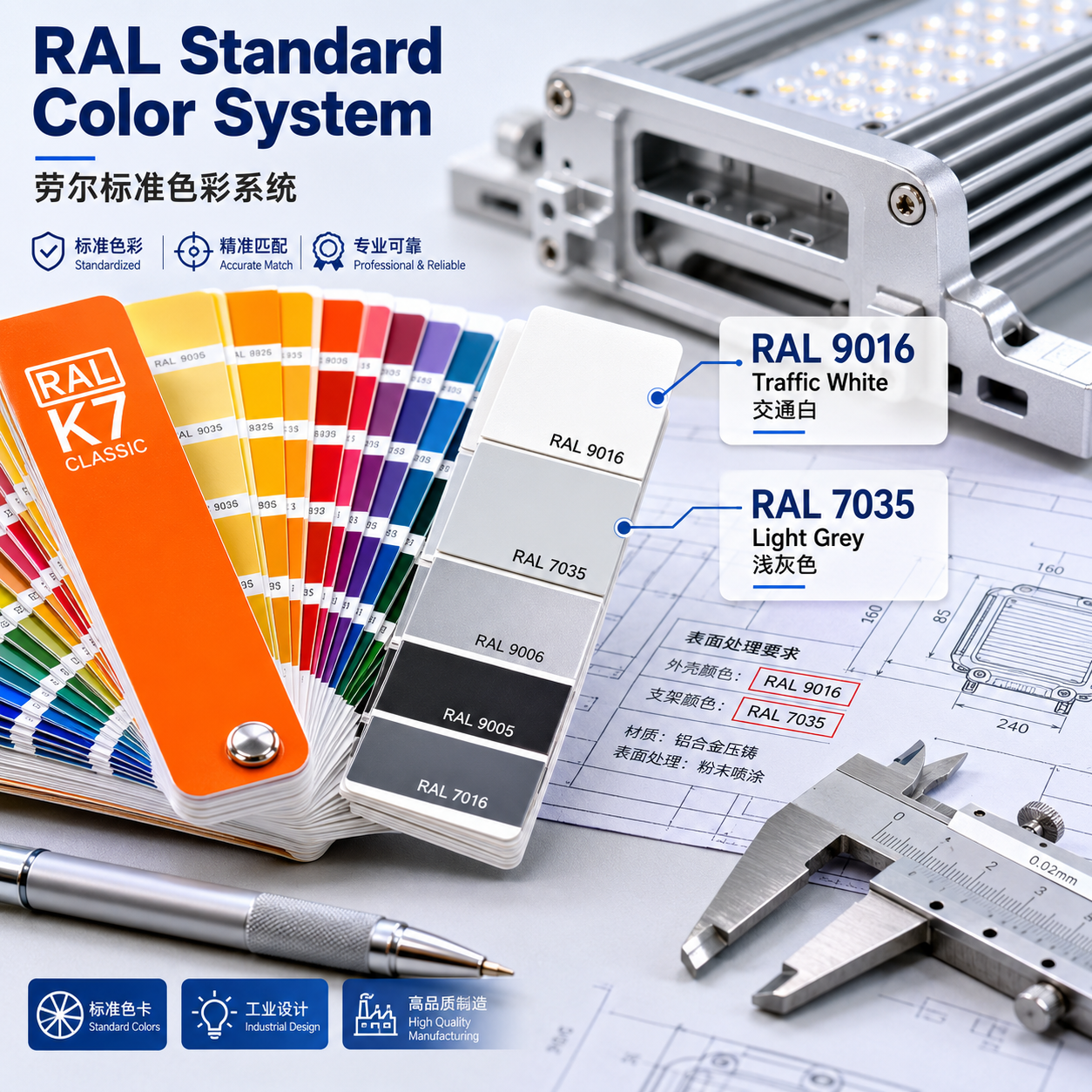 一张工业设计桌面特写,展示了打开的RAL K7色卡(显示RAL 9016和7035),以及LED灯具外壳和工程图纸,强调标准色彩在工业中的应用。