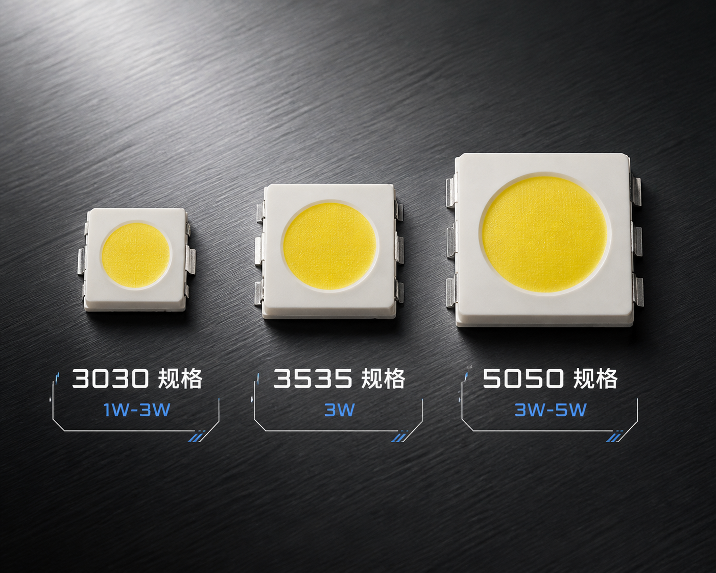 陶瓷灯珠3030、3535、5050尺寸对比图，展示不同规格及典型功率范围