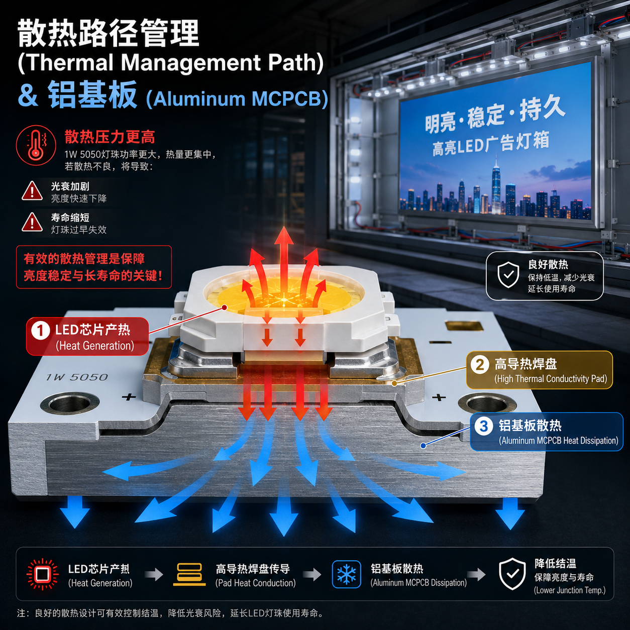 1W5050灯珠在铝基板上的散热路径示意图，展示热量从LED芯片通过焊盘有效传导至散热片的过程，强调高功率LED热管理的重要性。