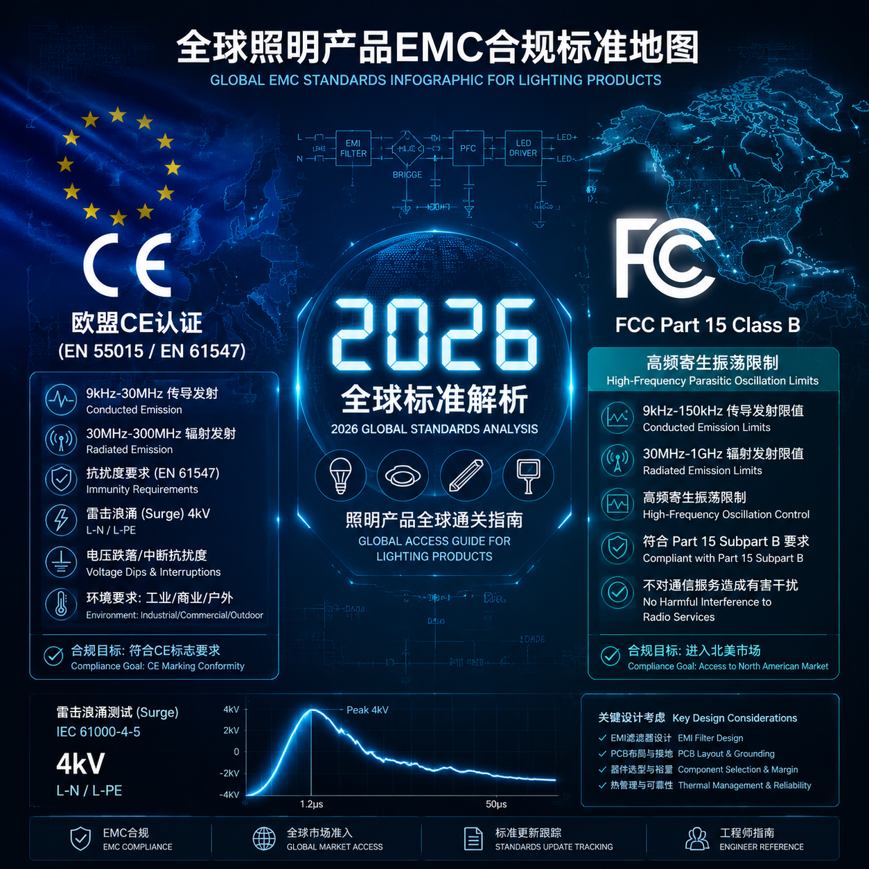 2026全球照明产品EMC合规标准地图,展示欧盟CE认证(EN 55015/EN 61547)和北美FCC Part 15 Class B的关键测试参数,背景融合电路逻辑与4kV雷击浪涌波形,象征全球通关指南。