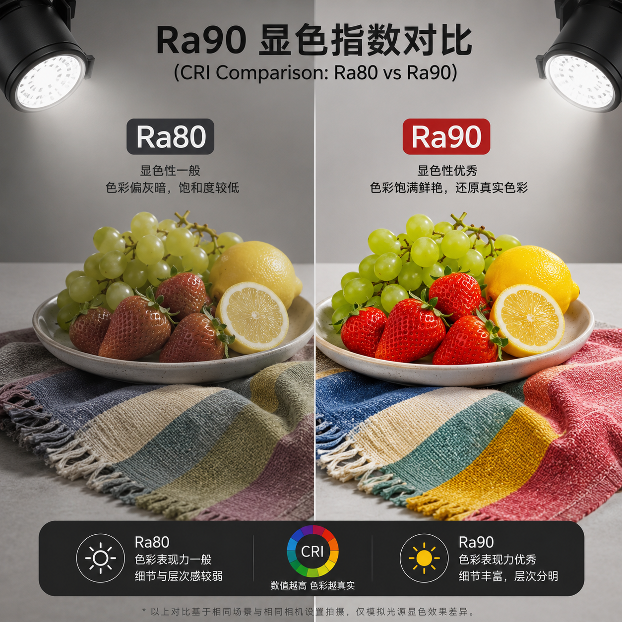 LED灯珠Ra80与Ra90显色指数对比，Ra90下水果和面料色彩更饱满真实