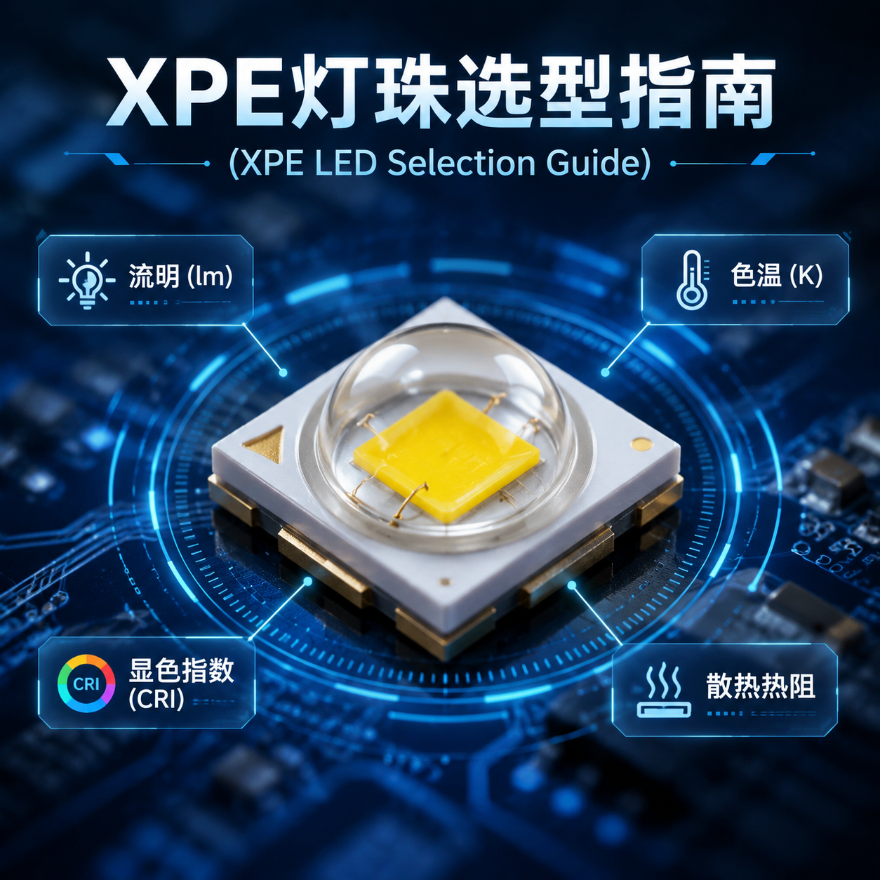 XPE LED灯珠微距图，展示其陶瓷基板与硅胶透镜，并标注流明、色温、显色指数和散热热阻等核心选型参数，作为文章的选型指南。