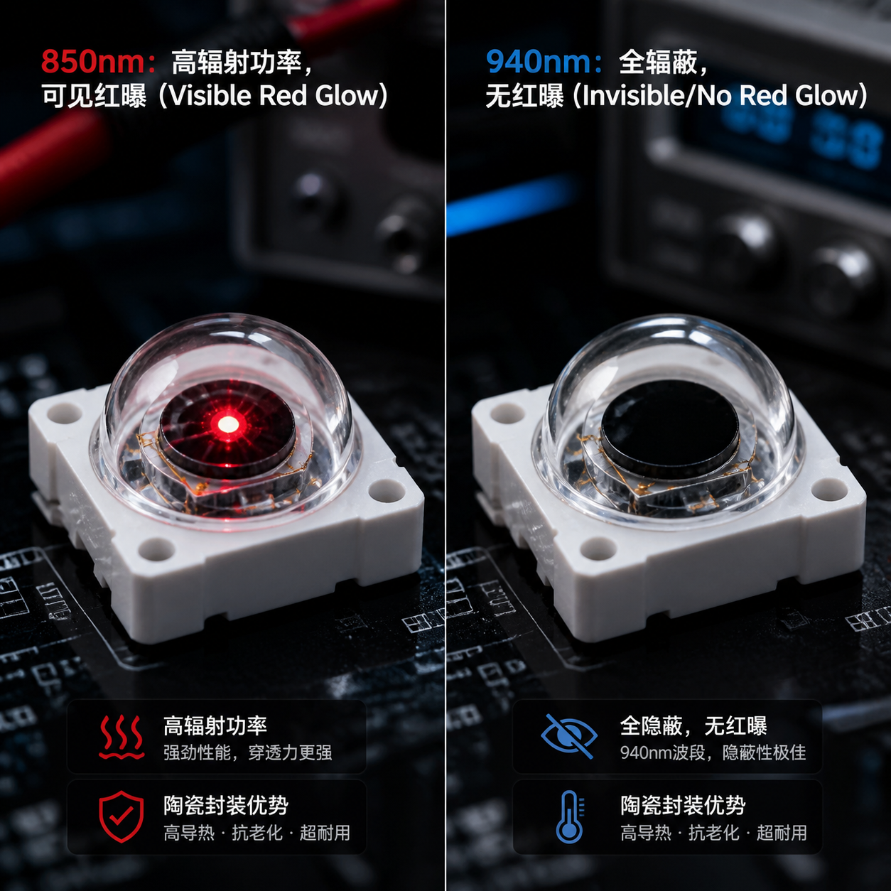 850nm与940nm红外陶瓷灯珠核心区别对比图,显示850nm有微弱红曝而940nm完全隐蔽