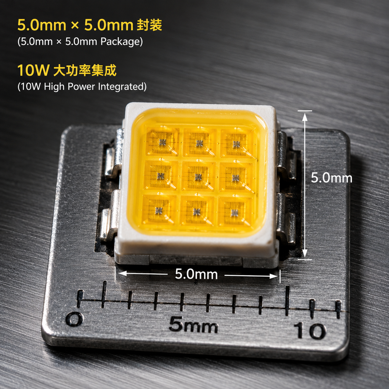 10W 5050灯珠的微距特写,展示5.0mm × 5.0mm封装和内部多芯片集成结构