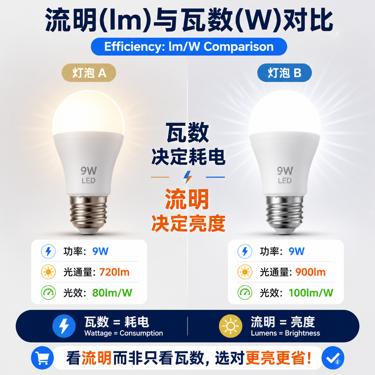 9W LED灯泡的亮度和光效对比图，显示两只相同功率的灯泡因光通量（流明）不同，亮度表现差异明显，强调选灯应看流明而非只看瓦数。