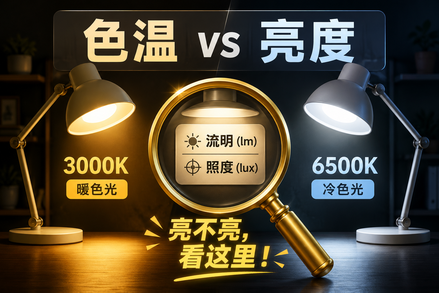 暖色光(3000K)与冷色光(6500K)台灯对比图,强调亮度应关注流明(lm)和照度(lux),而非色温。