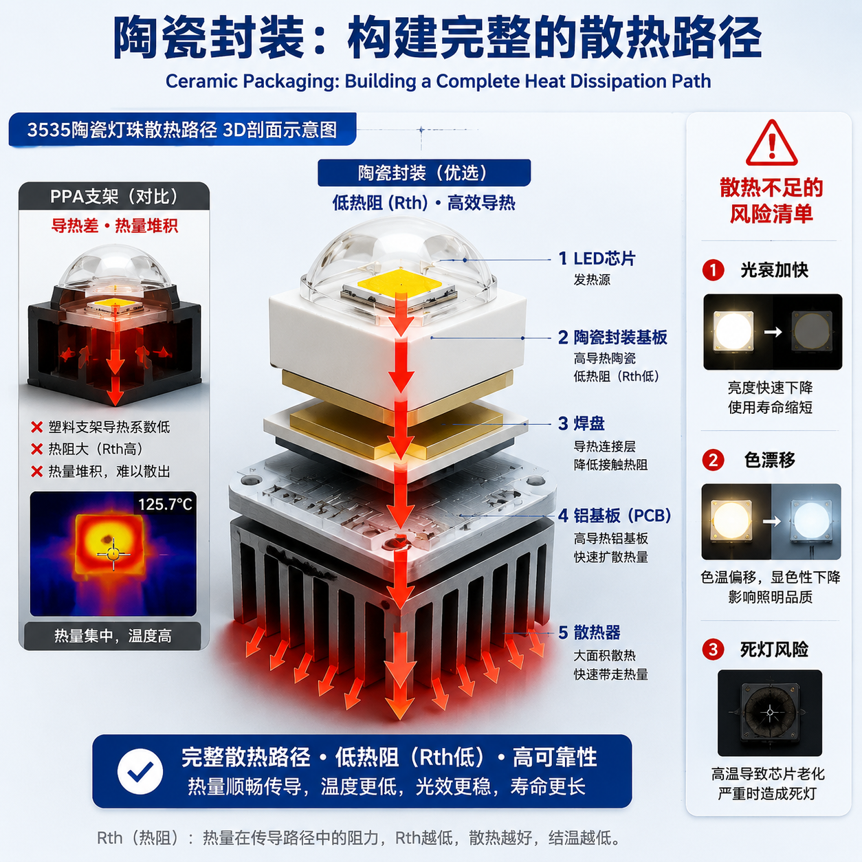3535陶瓷灯珠散热路径示意图，展示芯片到散热器的热量传导过程，并列出散热不足的风险。