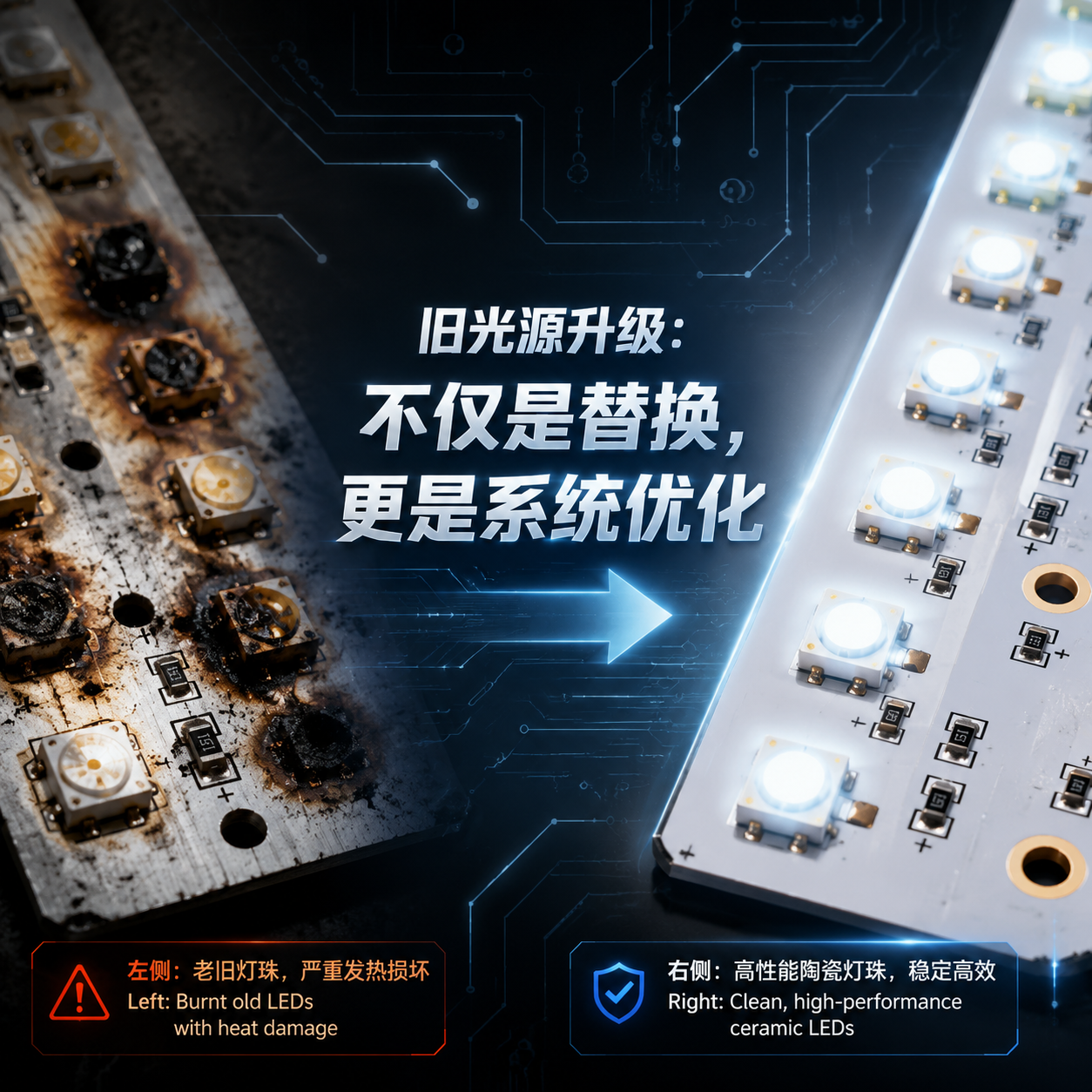 旧光源与陶瓷灯珠替换的对比图,左侧是烧毁的旧灯珠,右侧是整齐的陶瓷灯珠,强调系统优化。