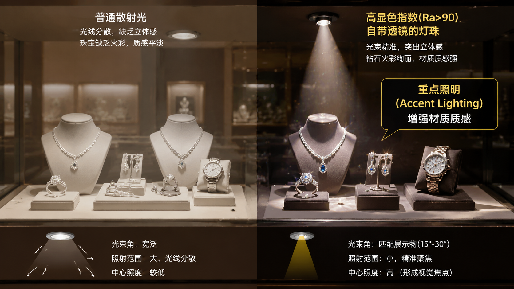 自带透镜LED灯珠在珠宝展示柜中的应用效果对比，突出重点照明对商品质感的提升