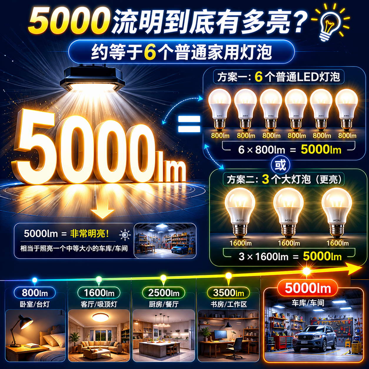 5000流明亮度与普通家用灯泡数量的对应关系图示