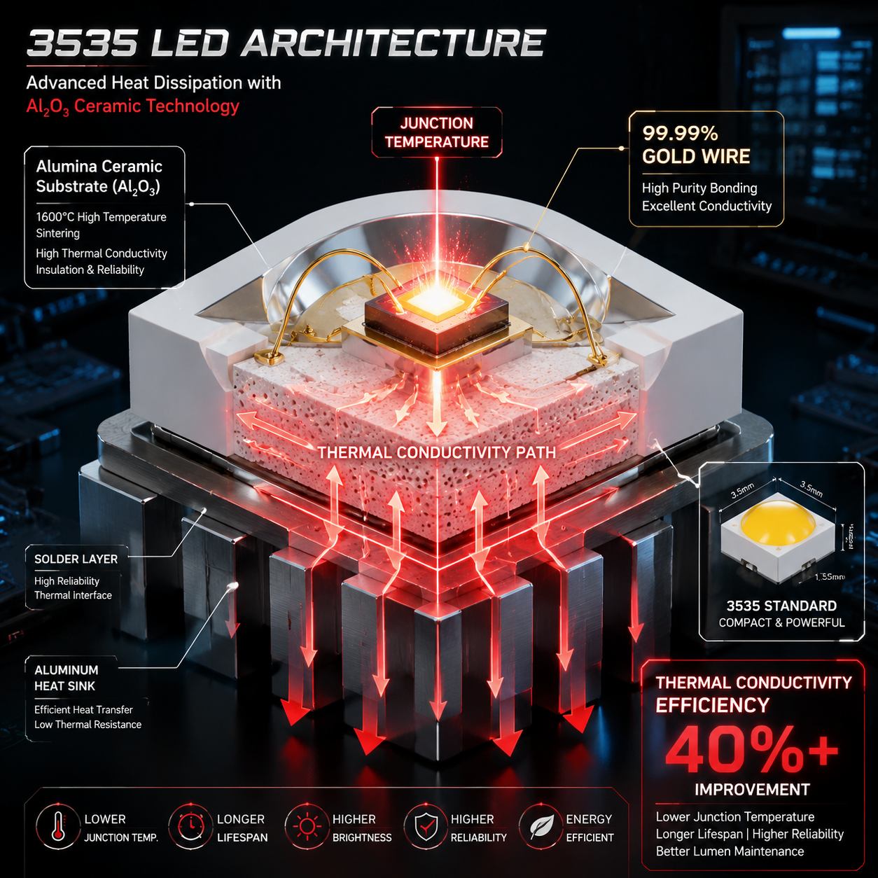 3535型氧化铝陶瓷灯珠内部结构3D剖面图,展示其高效散热路径及99.99%纯金线焊接工艺。