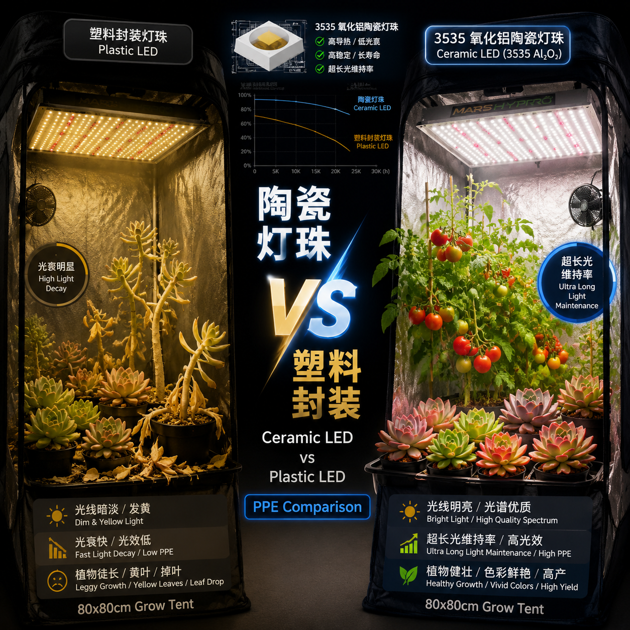 室内种植中塑料封装与陶瓷灯珠的光效对比图:左侧塑料灯珠导致植物徒长光衰,右侧3535陶瓷灯珠下植物长势喜人。