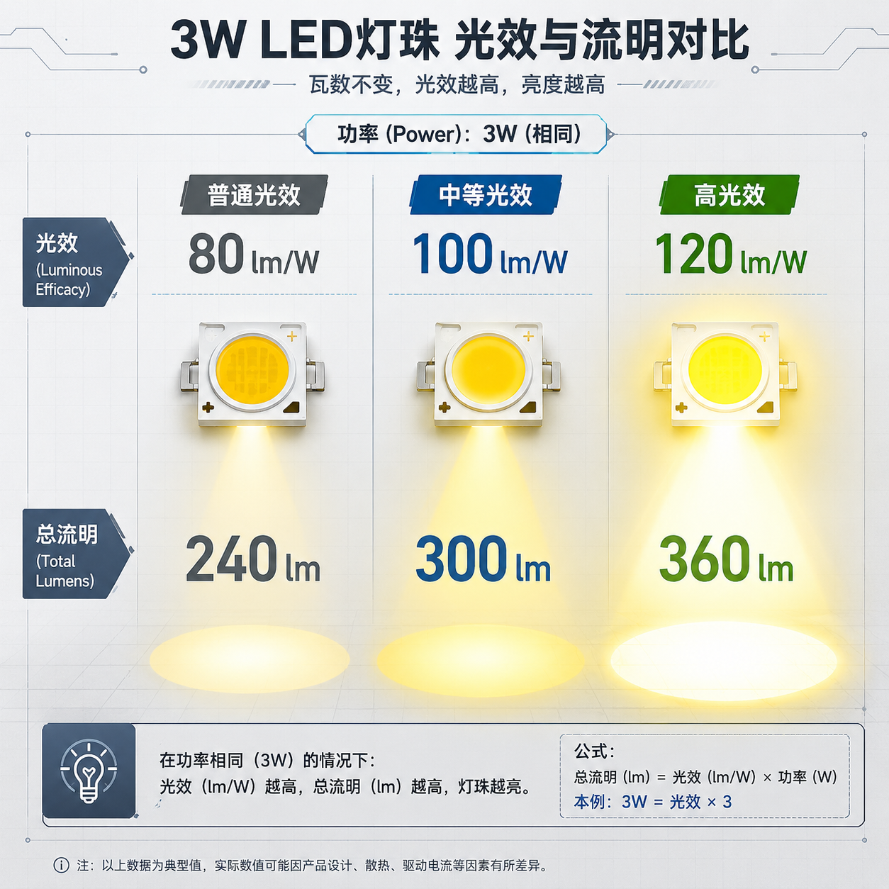 3瓦LED灯珠光效与流明对比信息图，展示不同光效（lm/W）下3瓦灯珠对应的总流明值