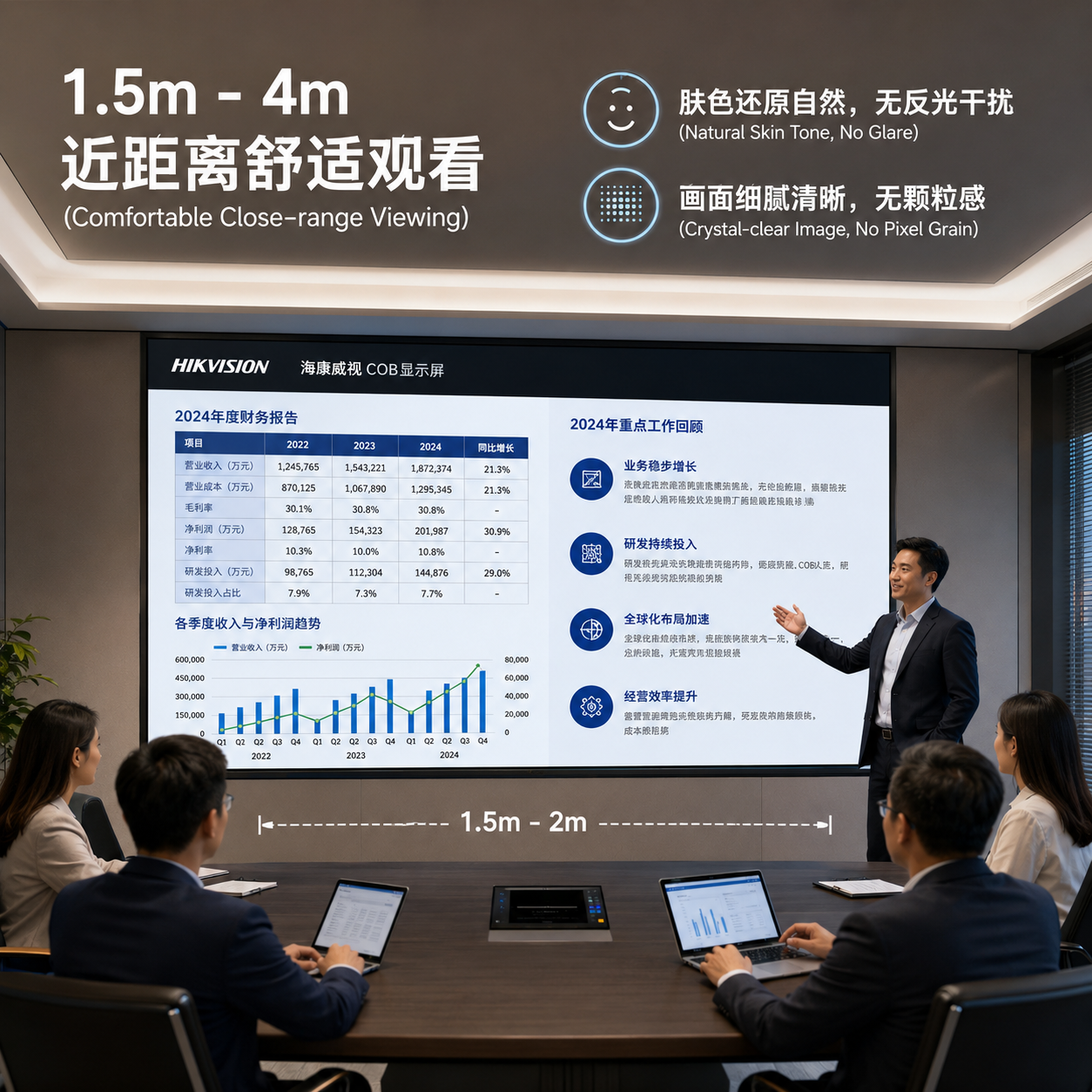 海康威视COB显示屏在高端会议室应用，展现近距离观看下的细腻画面、自然肤色还原和无反光干扰的舒适体验