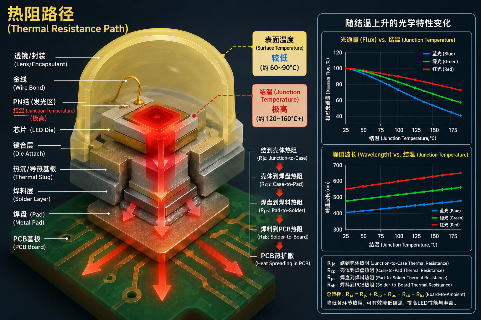 LED灯珠内部3D剖切技术示意图，展示极高的PN结温与较低的表面温度，并用箭头表示热量传导路径，折线图显示结温升高导致光通量与波长波动