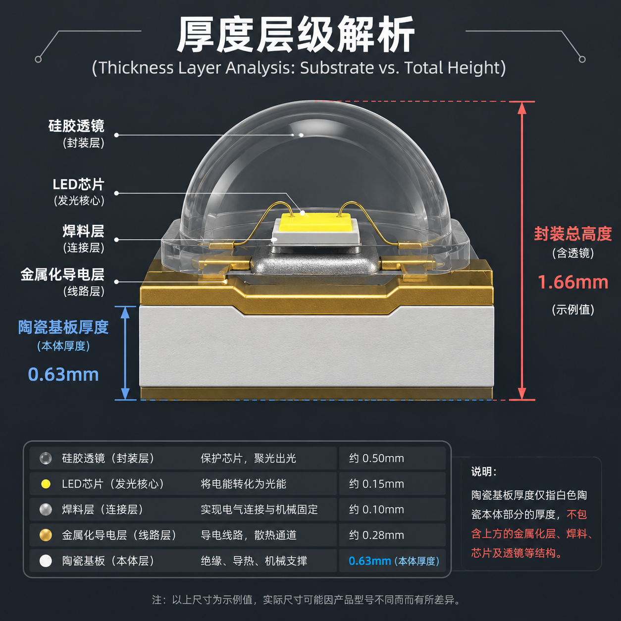 LED灯珠封装的3D剖面示意图，清晰展示了陶瓷基板本体厚度与包含芯片、焊料和透镜在内的封装总高度之间的区别和层级结构。