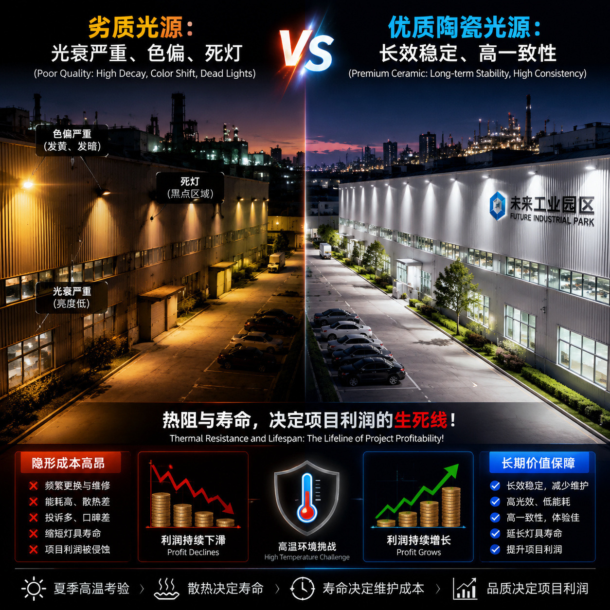 对比图:劣质光源(左)与优质陶瓷光源(右)在户外亮化工程中的效果差异,突出热阻和寿命对项目利润的关键影响。