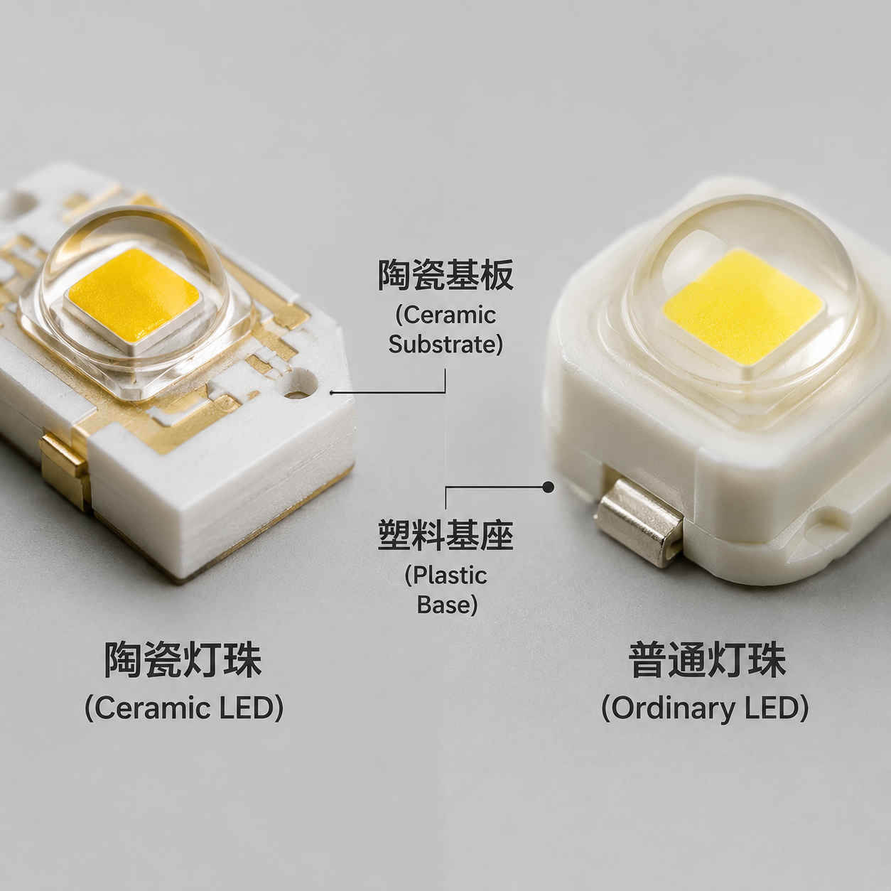 陶瓷灯珠与普通灯珠的外观微距对比,展示了陶瓷基板(如氧化铝、氮化铝)与塑料基座的材质差异